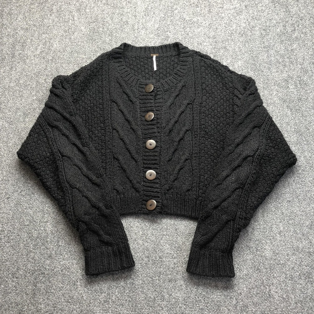 Free People Black Cable Knit Cropped Cardigan